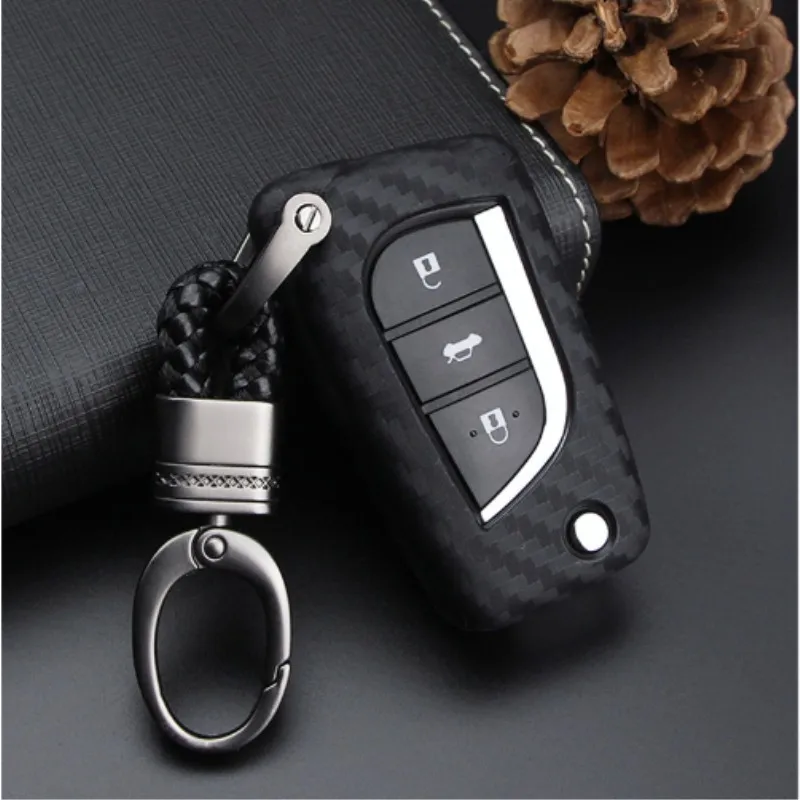 

2018 Carbon Fiber Flip Key Bag Shell Cover Woven Keyring car Key Case For Toyota Camry Corolla Avensis Prius Auris Vitz CHR RAV4