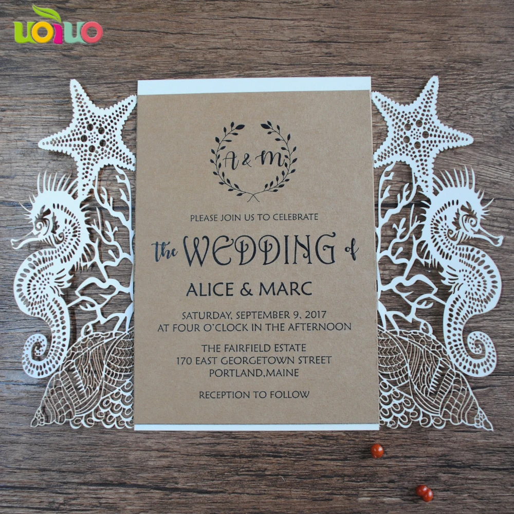 Beach Wedding Invitation  Sea Horses Laser cut Pull out folder