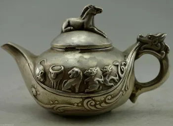 

Collectible Decor Old Handwork Miao Silver China 12 Zodiac Wave Tea Pot