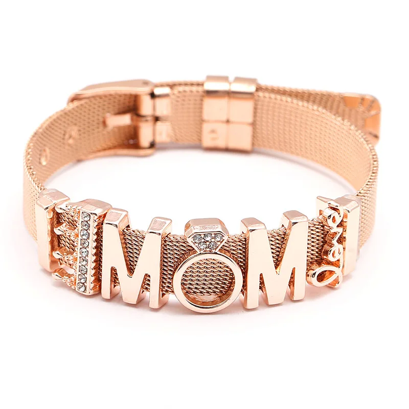 Модные женские сетчатые браслеты со стразами из нержавеющей стали, тонкие браслеты с регулируемым браслетом для мамы, подарки на день матери - Окраска металла: D011