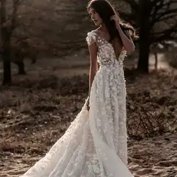 Весенне-летнее богемское свадебное платье с 3D цветочной аппликацией Линия сексуальная открытая спина Арабская, Дубай Свадебные платья
