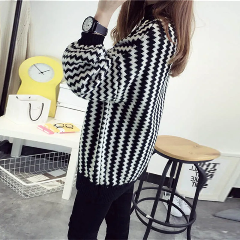Women Turtleneck Sweaters Knitted Black White Striped Lantern Sleeve Oversized Pullover Luxury Casual Winter Sweater