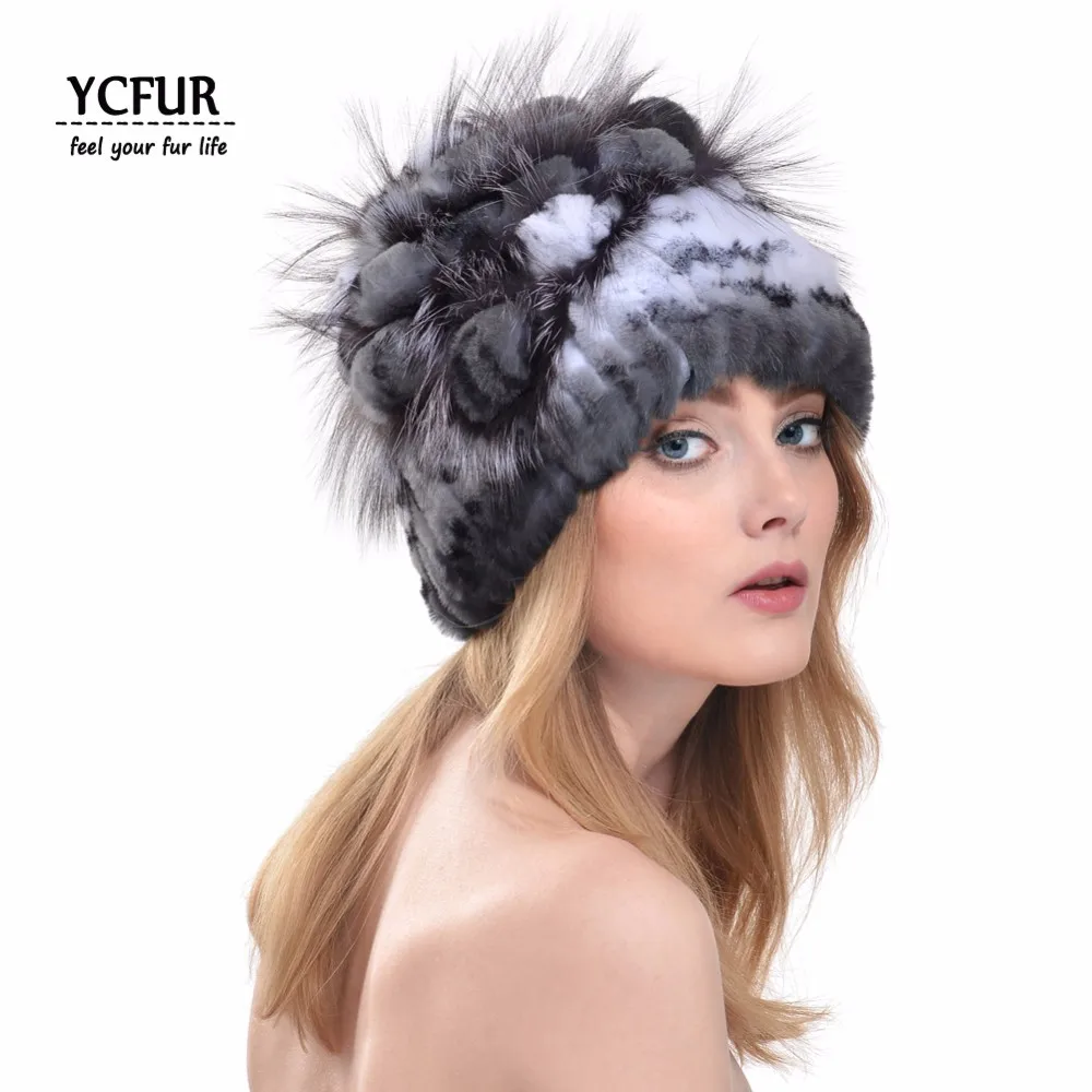 YC Fur зимние шапки, шапка s для женщин, прошитая полосками шапка из меха кролика Рекс, шапка с лисьим мехом, шапки бини женские