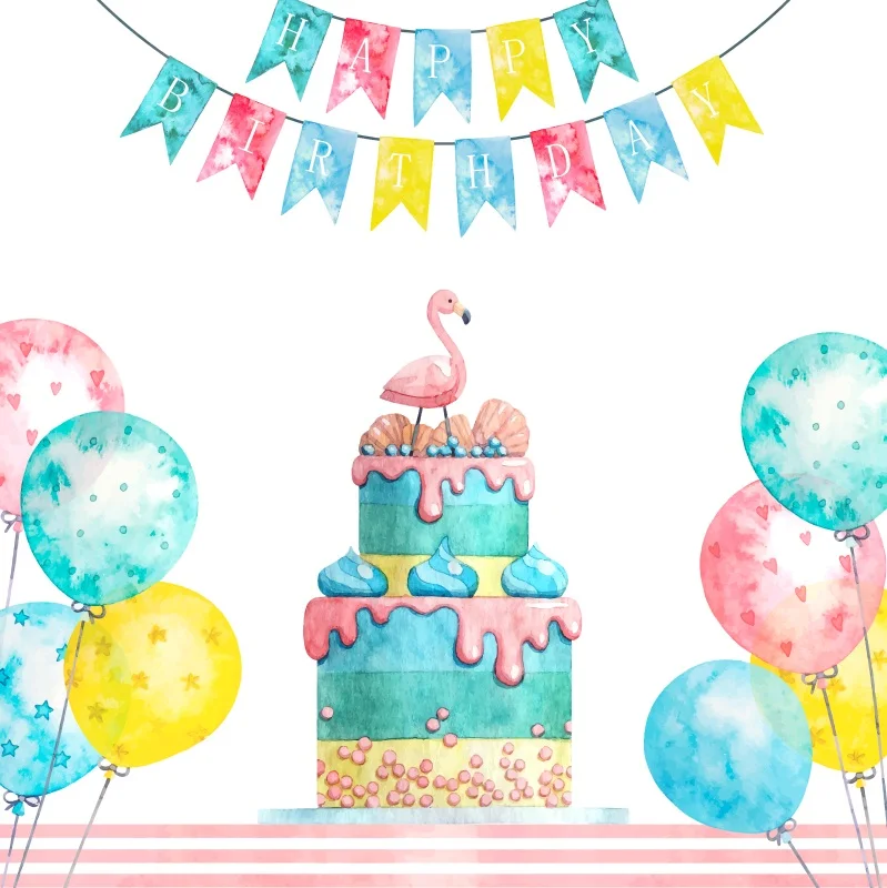 

Laeacco Balloons Birthday Party Cake Flag Flamingo Oil Painting Photographic Backgrounds Photography Backdrops For Photo Studio