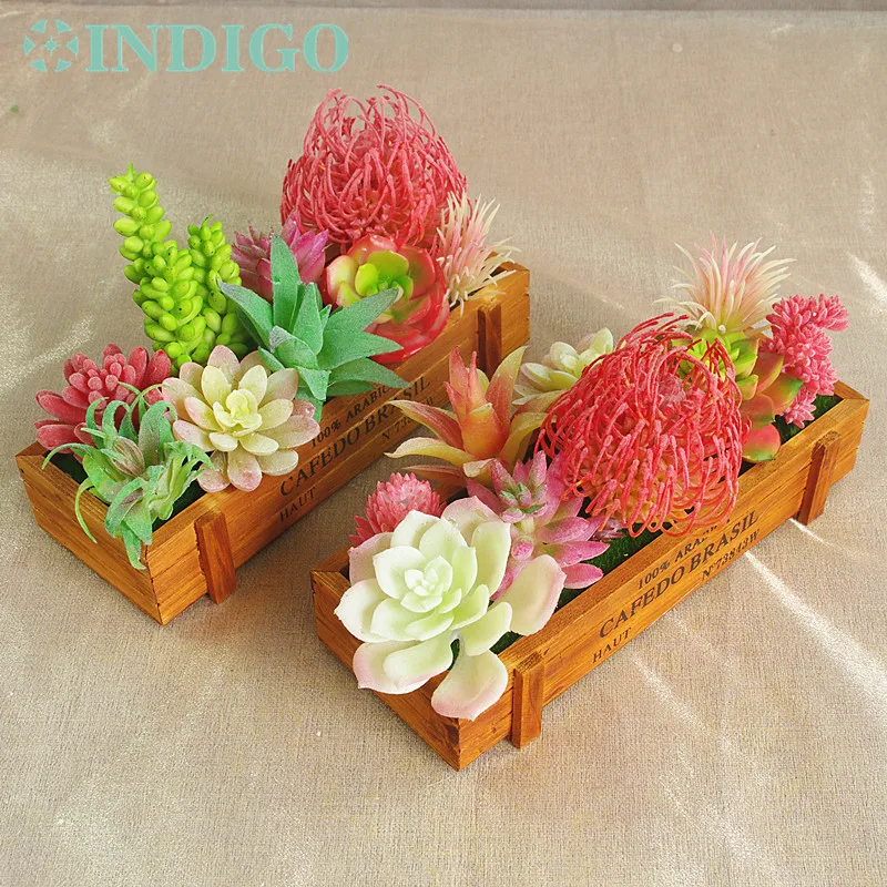 

INDIGO- Artificial Succulent Plant (9pcs+1 Wood Tray)/Set Plastic Flower Bonsai Table Decoration Plant Free Shipping