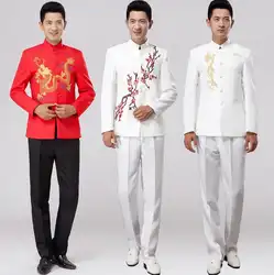 Белый красный 2019 Новое поступление Тонкий вышитый мужской китайский туника костюм комплект с брюками мужские костюмы свадебные жених