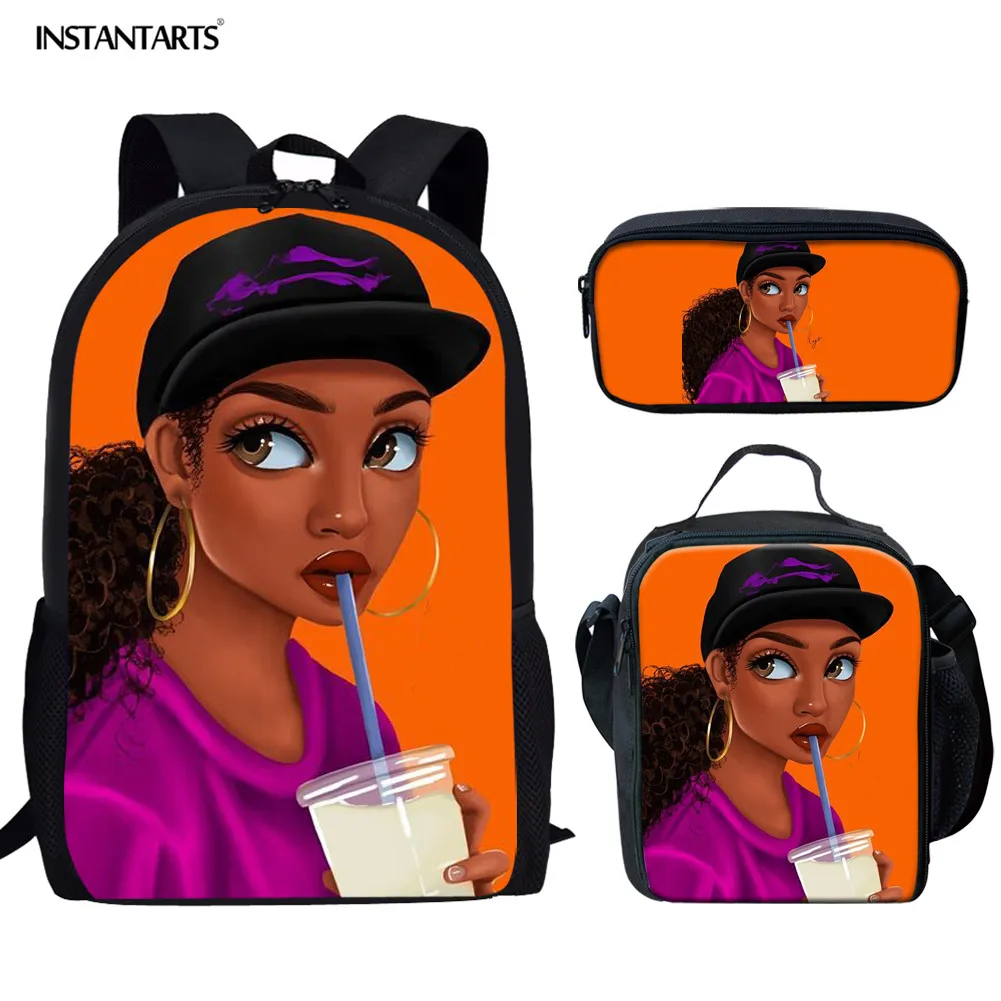 

INSTANTARTS Afro Lady Girl School Bag Africa Beauty Princess Set Teenager School Backpack Student 3pcs Pretty Escolar Schoolbag