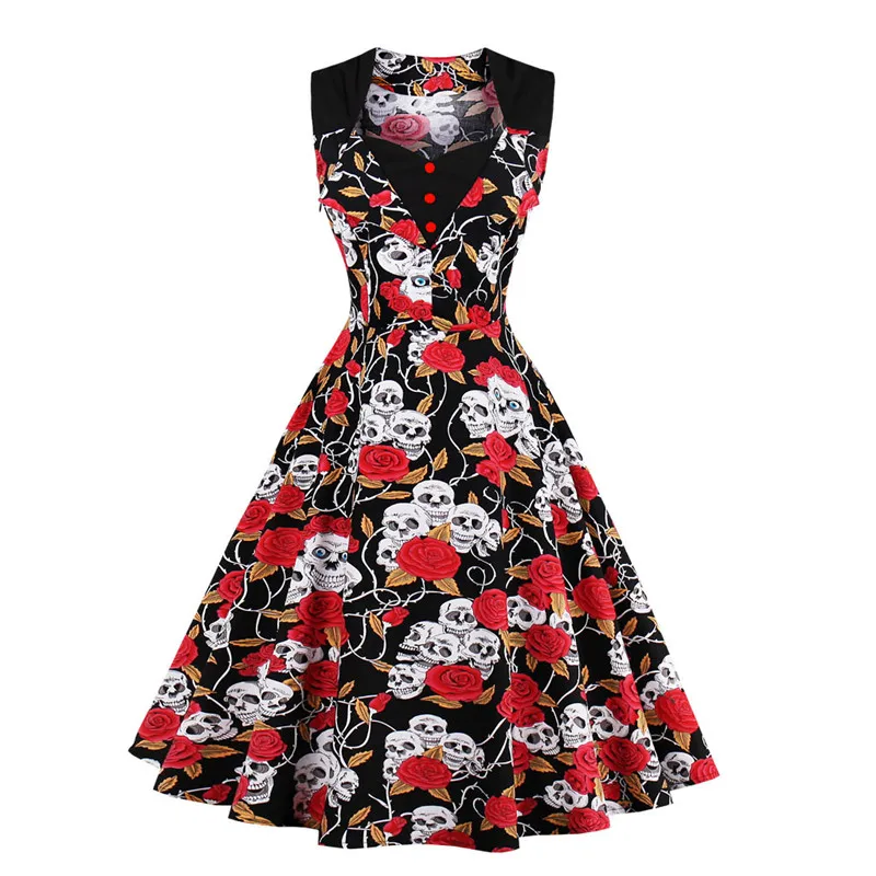 

YUFEIDA Women Summer Vintage Dress Skull Head Wave Dots Print 50s 60s Casual Robe Rockabilly Style Dress Party Swing Dresses