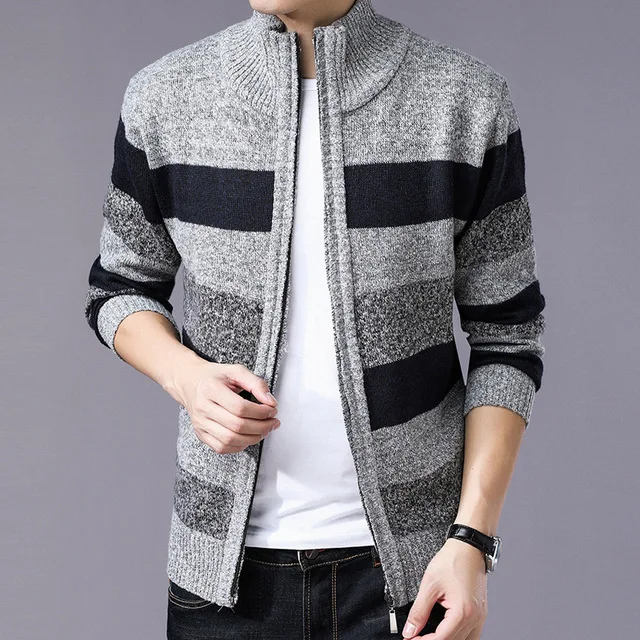 

Mens Sweaters 2019 Autumn Winter Thick Cotton Cardigan Men Casual Sweater Striped Long Sleeves