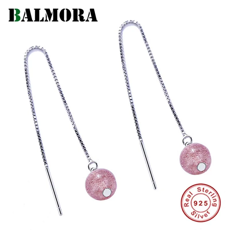 

BALMORA 925 Sterling Silver Pink Stone Dangle Earrings for Women Lady Party Gift Cute Fashion Jewelry Ear Line Brincos JDE1542