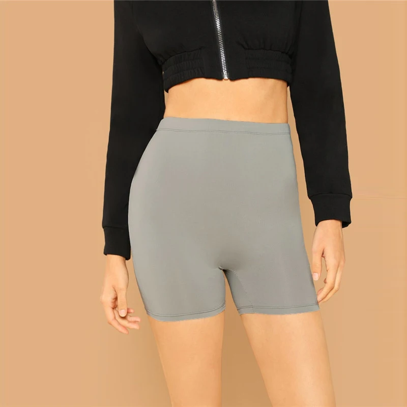 SHEIN الصلبة الدراجات عالية الخصر طماق النساء 2019 Athleisure المحاصيل اللياقة البدنية طماق الصيف السيدات عارضة تجريب طماق