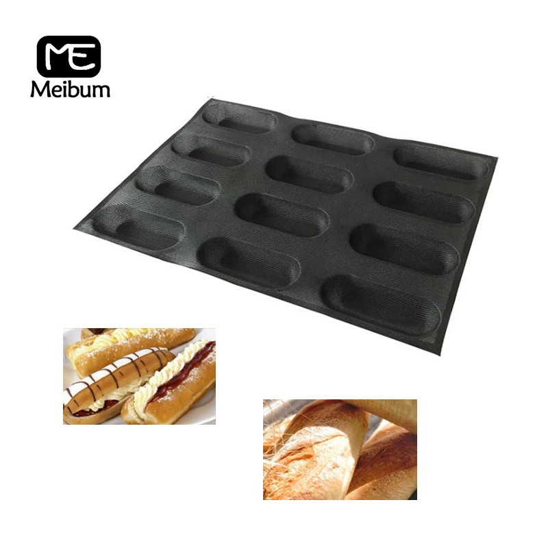 Meibum, 12 полости, черная пористая силиконовая форма, хот-дог, багет, модель Eclair, длинный буханка, хлебный поднос, антипригарная форма для выпечки, противень для выпечки