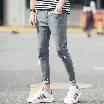 

2019 Summer New Korean Version Of The Trend Of The Original Nine Points Hole Slim Feet Thin Section Casual Jeans 27-36