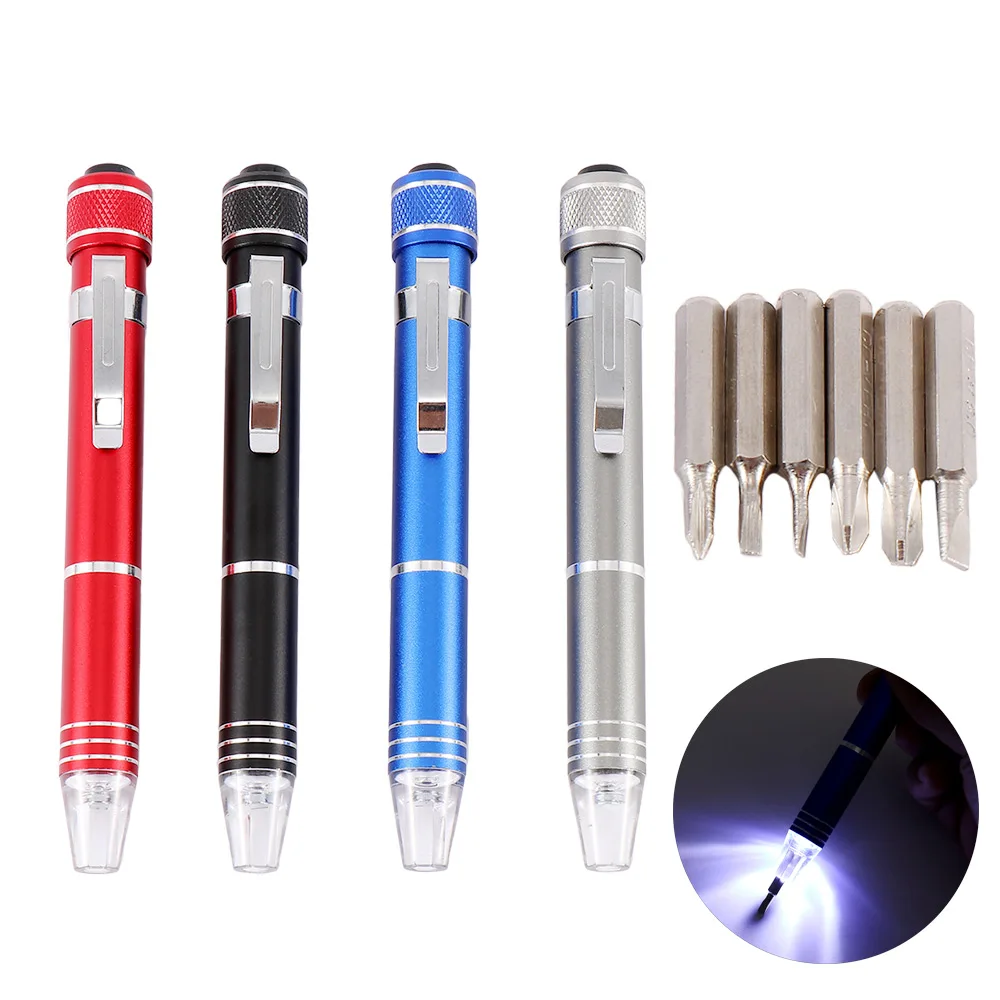 

Hand Tools 6 In 1 Pocket Precision Screwdriver Set With LED light Repair Tool Kits Aluminum Alloy Screwdrivers Set