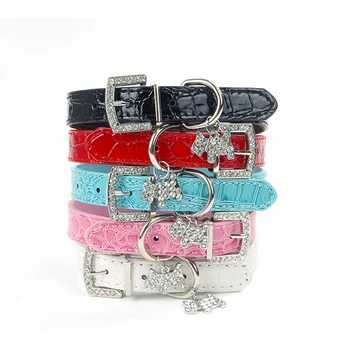 

Croc Leather Dog Accessories For Small Dogs Leather Collars Dog Puppy Pet Rhinestone Dog Collar Pendant Collars And Leashes