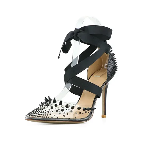 Roni Bouker/женские роскошные модные туфли на высоком каблуке; черные женские туфли-лодочки со шнуровкой и шипами; блестящие свадебные туфли; Прямая поставка - Цвет: Black