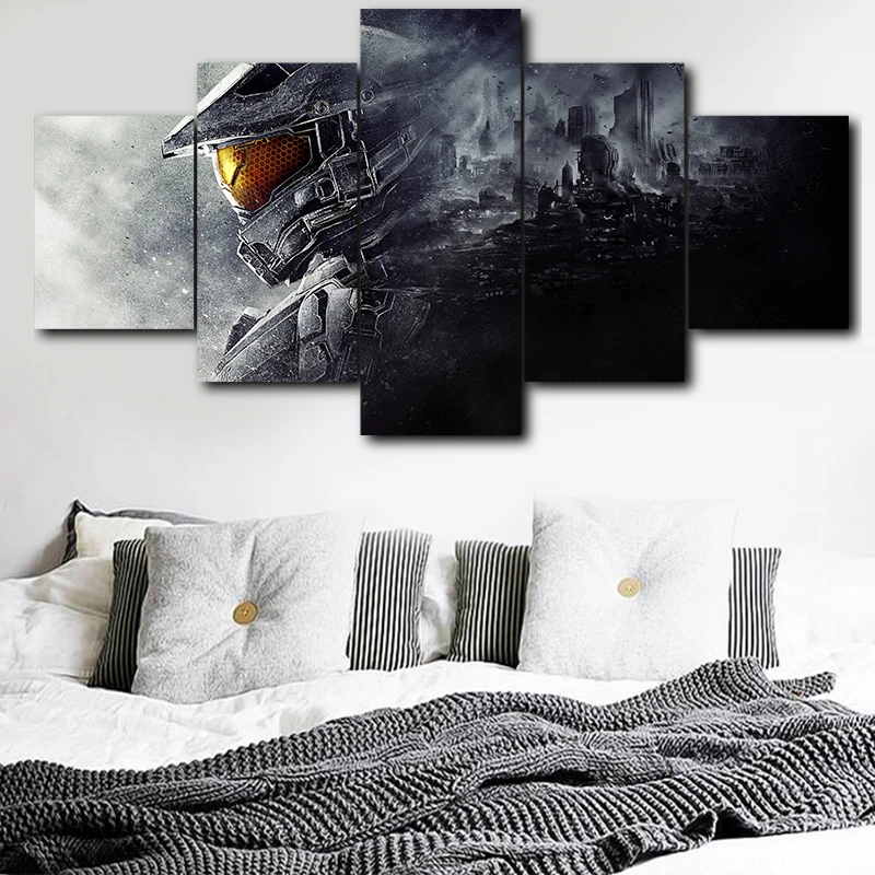 

Home Decor Modern Canvas Living Room HD 5 Panel Master Chief Picture Painting Wall Art Modular Game Poster Print Frame