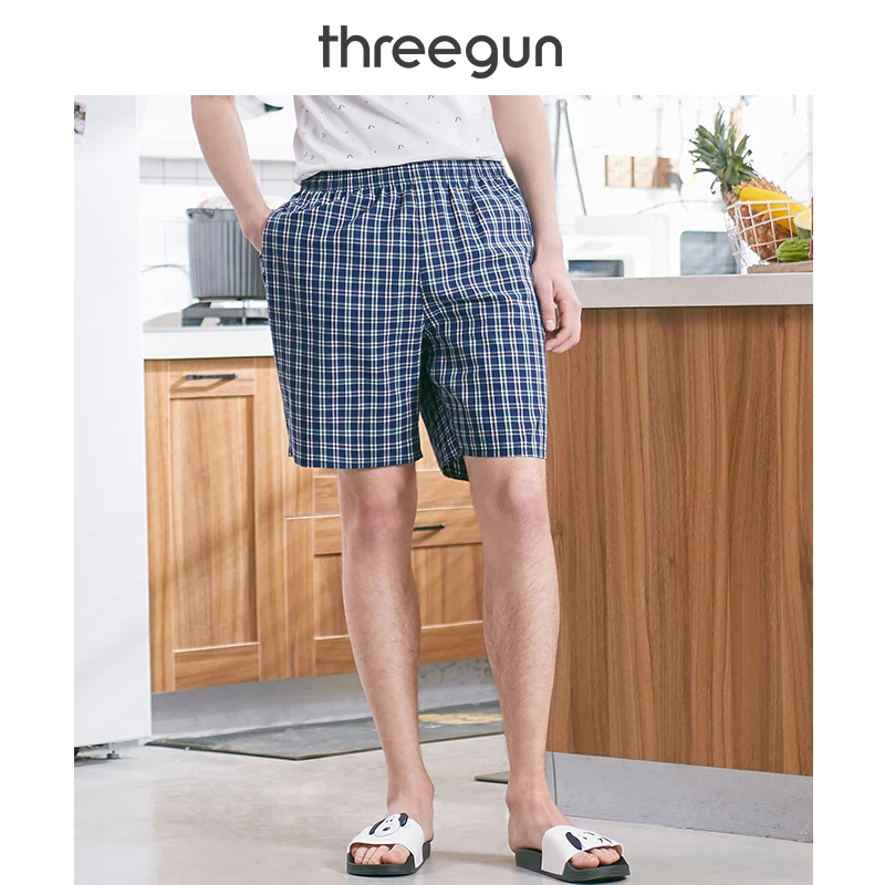 

THREEGUN 2019 New Cotton Casual Beach Pants Men's Home Shorts Plaid Beach Board Shorts Swimming Surffing Men Quick Dry Shorts