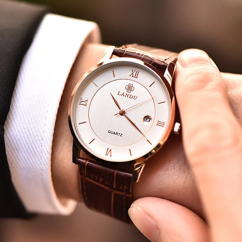 

LANDU Vintage 7mm Exquisite Business Quartz Wristwatches Men Charm Watch New Fashion Leather Strap Male Wristwatches Clock
