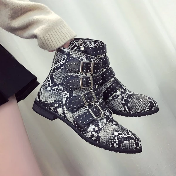 

Sexy Snake Print Motorcycle Boots Women Punk Rivets Flat Martin Boots Women Brand Design Ankle Boots for Women 43 Size SWE0358