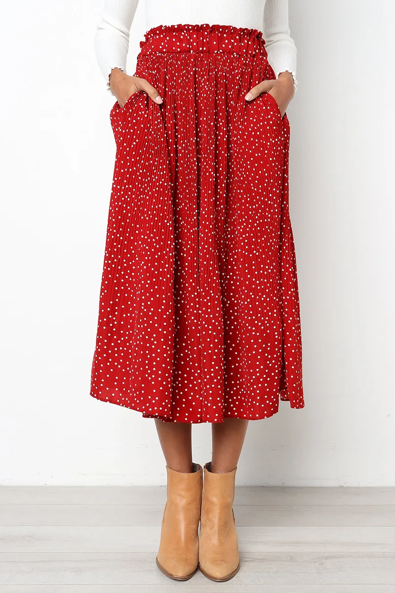 

Fashion 2019 Summer Polka Dot Skirt Floral Print Midi Skirt with Pockets High Waist Casual Long Pleated Skirt Falda Larga