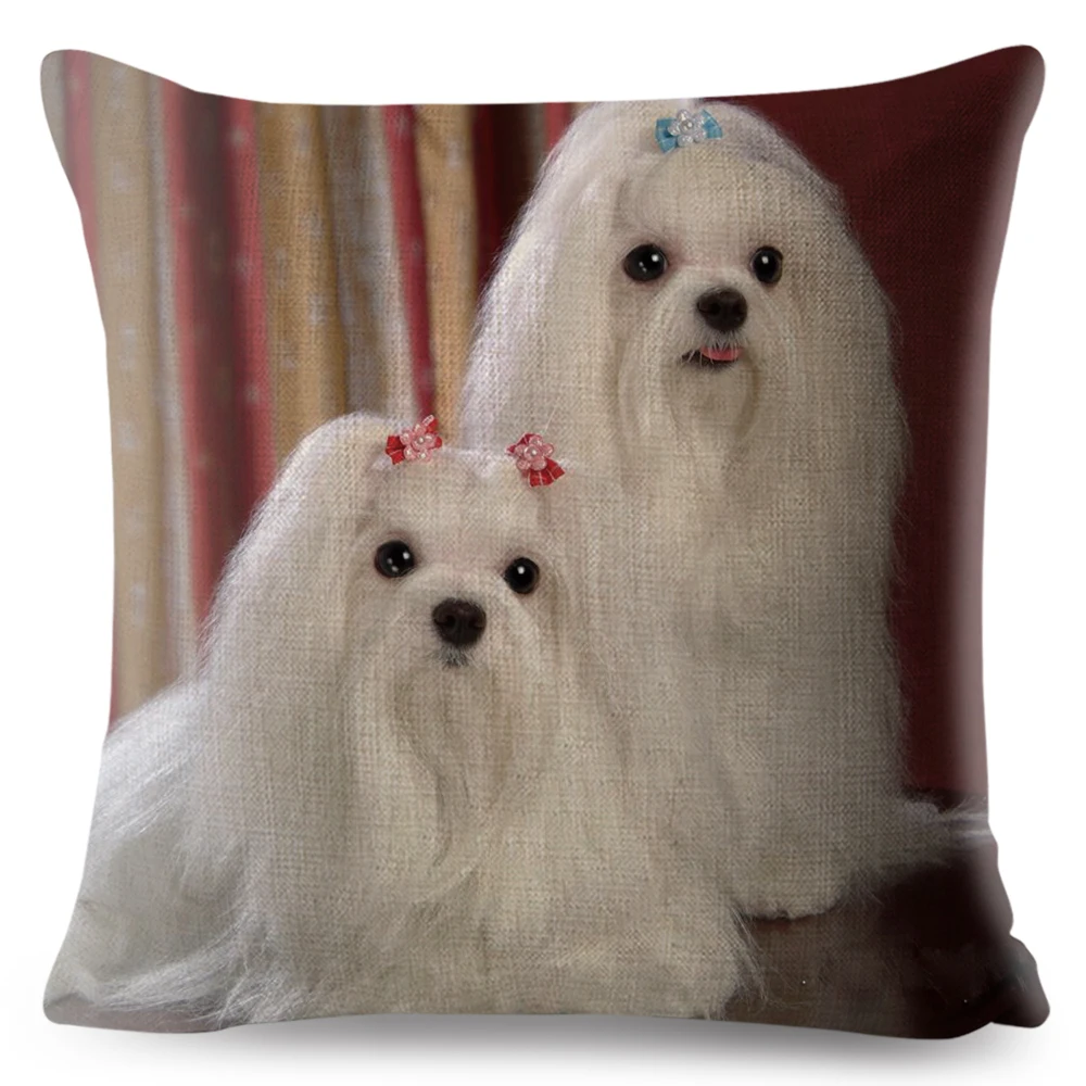 Cute Animal Pet Maltese Dog Pillow Cover Linen Cushion Covers 45*45cm Square Pillow Case Sofa Car Home Decoration Pillowcase