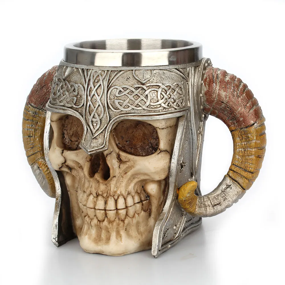 Stainless Steel 3D Skull Mug Viking Ram Horned Pit Lord Warrior Beer Stein Tankard Coffee Mug Tea Cup Halloween Bar Drinkware