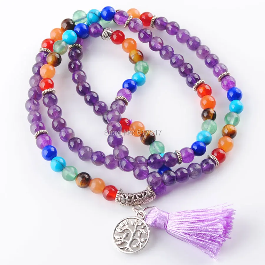 Рейки натуральный 7 Чакра Многослойные Подвески Браслеты для Для женщин фиолетовый Quartzs мала Йога бусинами медитации исцеления кисточкой TK3206