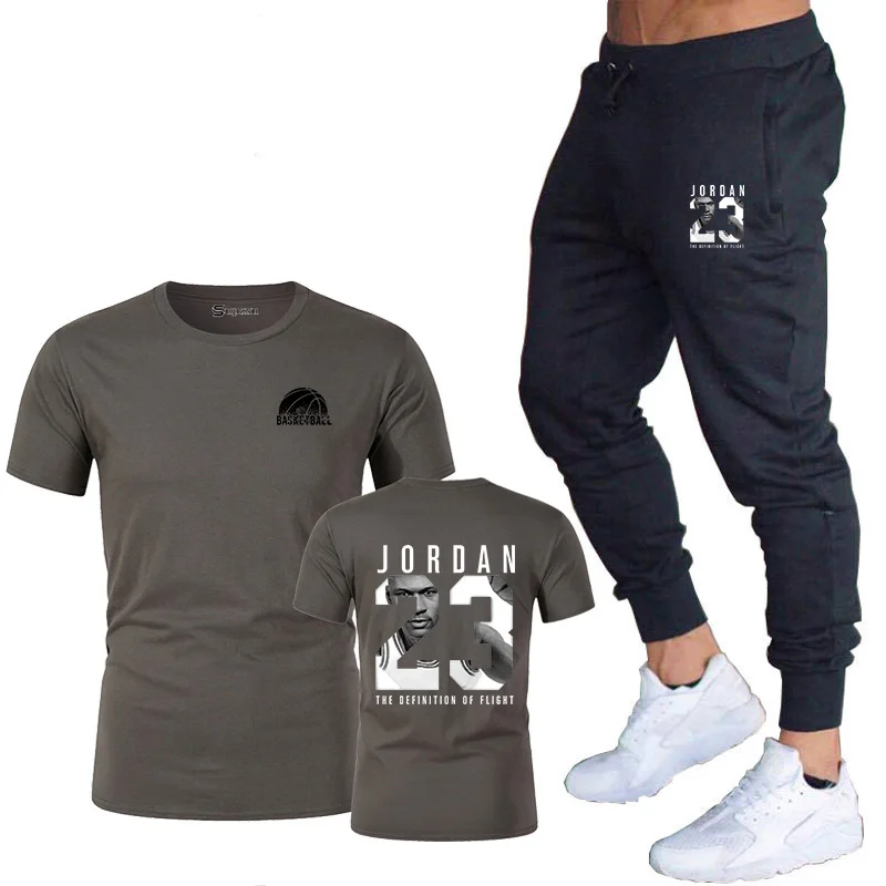 

2019 summer new brand LOGO clothing Jordan 23 men's T-shirt + pants funny stretch cotton fitness booty shirt lovers set