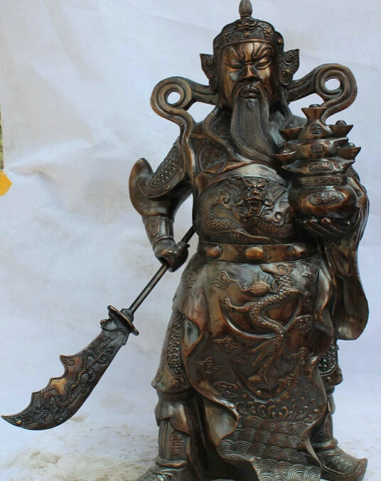 

JP S62 24 Chinese Bronze Stand Treasure Bowl Sword Guan Gong Yu Warrior God Statue B0403