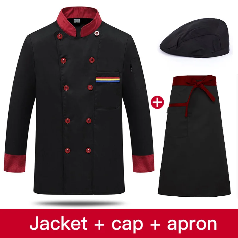 Куртка шеф-повара с длинным рукавом, униформа для отеля, ресторана, обслуживания еды, официантки, рубашка повара, рабочие мужские пальто, одежда шеф-повара, Рабочая форма - Цвет: Jacket apron hat