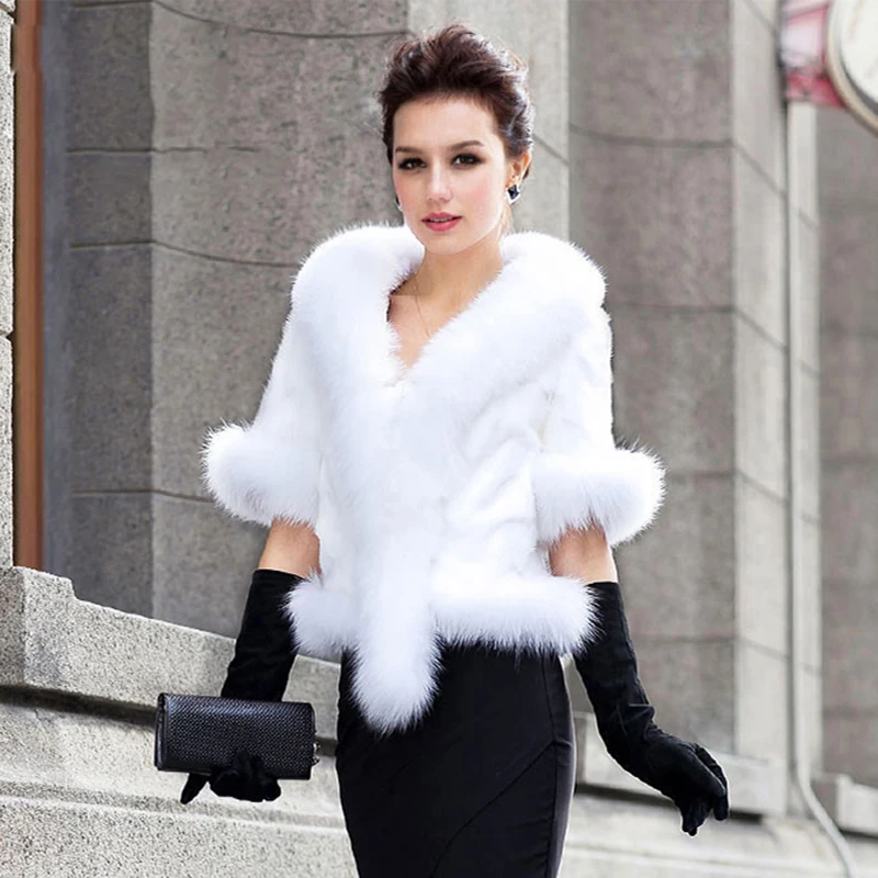

rf0208 Luxury Mink Fur Coat with Fox Fur Collar Natural Mink Fur Shawl