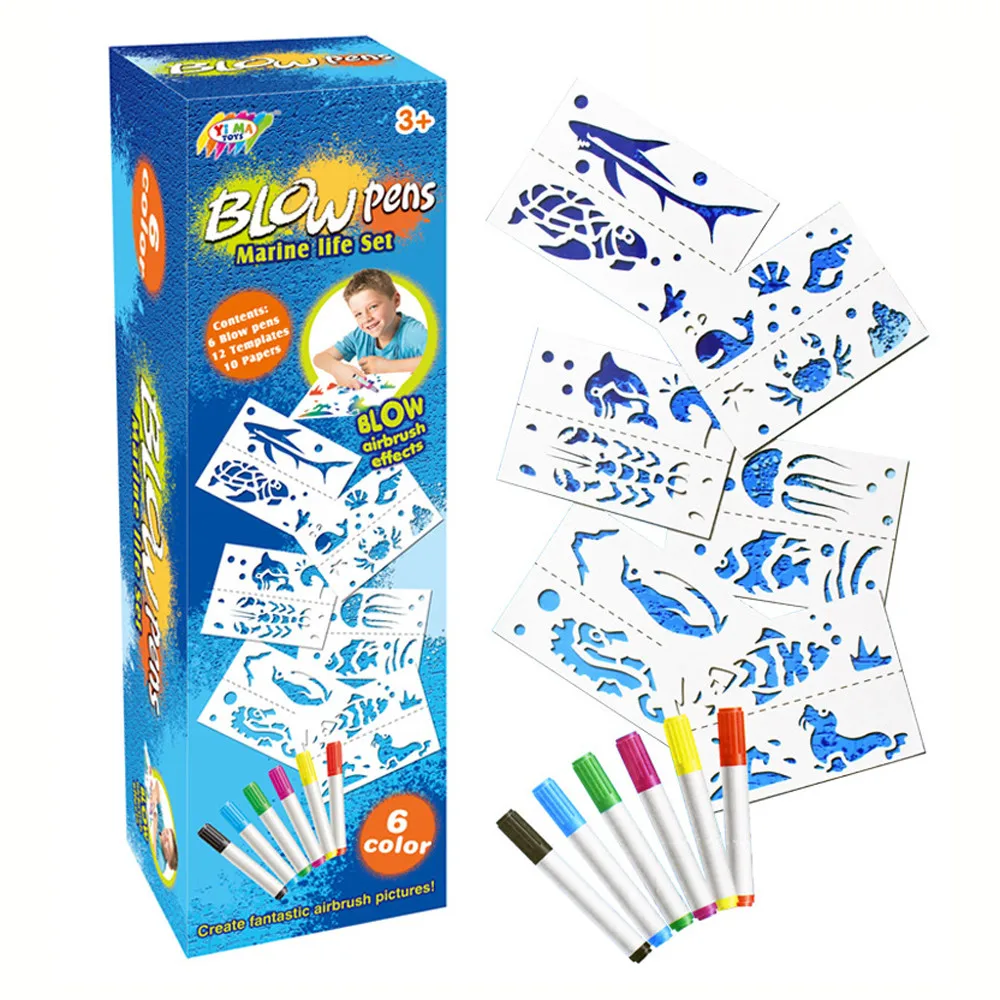 

1 set kids Blow Pens Markers Kids Coloured Non Toxic Pens Stencils Templates Air Spray montessori toy 7.9
