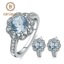 GEM'S балетные милые кольца с натуральным небесно-голубым топазом и цветком, Комплект сережек для женщин, подарок, 925 пробы, серебро, драгоценный камень, хорошее ювелирное изделие
