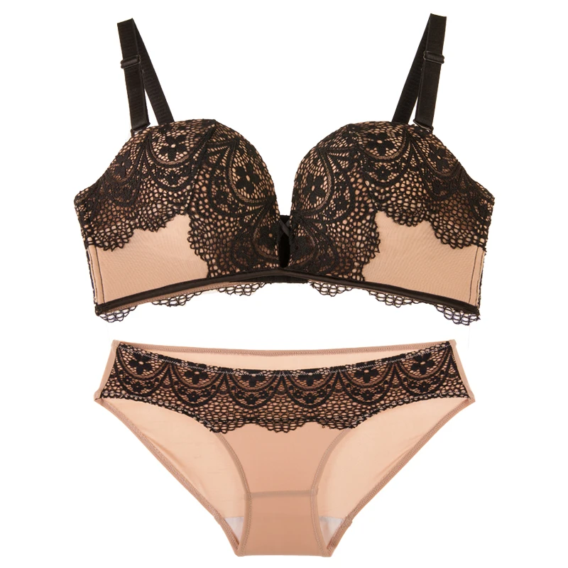 

Yhotmeng sexy lingerie seamless massage hand cup lingerie set push up bra set with cotton brief women's floral lace lingerie set