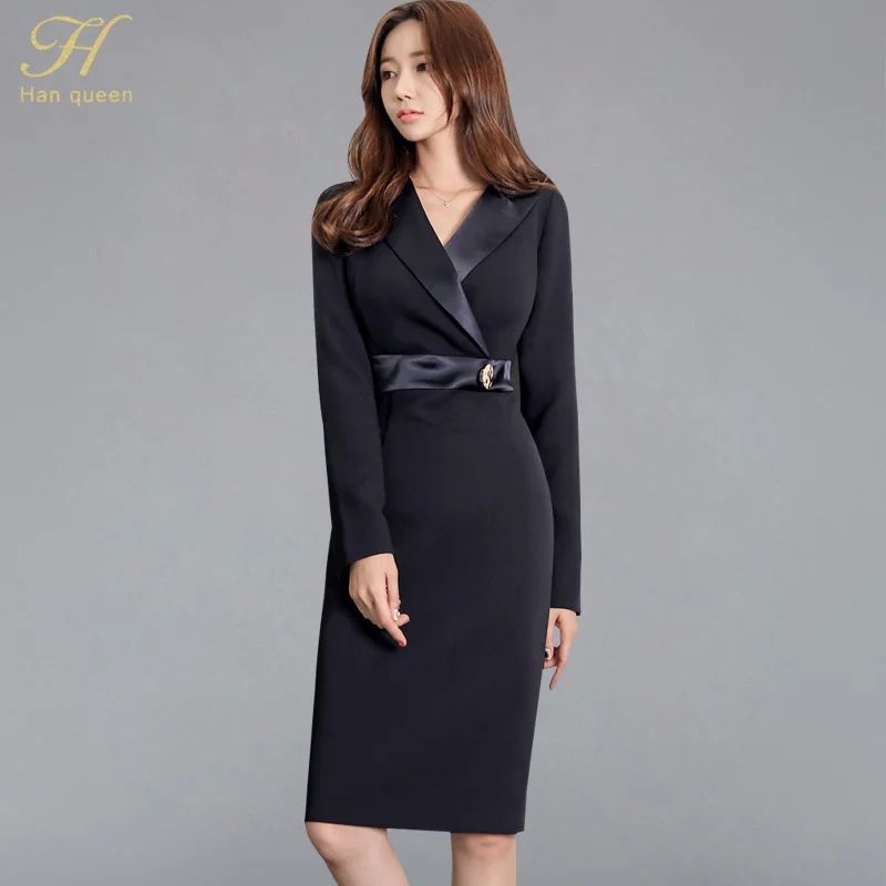 

H Han Queen Notched Neck Patchwork Solid Color Black Dress Women 2018 Autumn Sheath Bodycon Dresses Waist OL Work Wear Vestidos