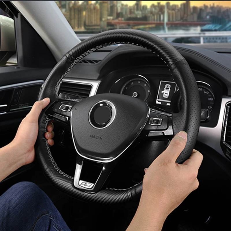 GKMHiR Черный углеродного волокна Кожаный чехол рулевого колеса автомобиля для