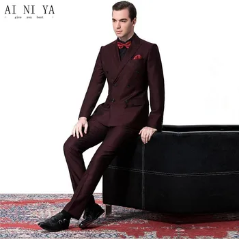 

Side Vent Double-Breasted Burgundy Groom Tuxedos Peak Lapel Groomsmen Mens Wedding Suits Clothing Prom Suits (Jacket+Pants+Tie)
