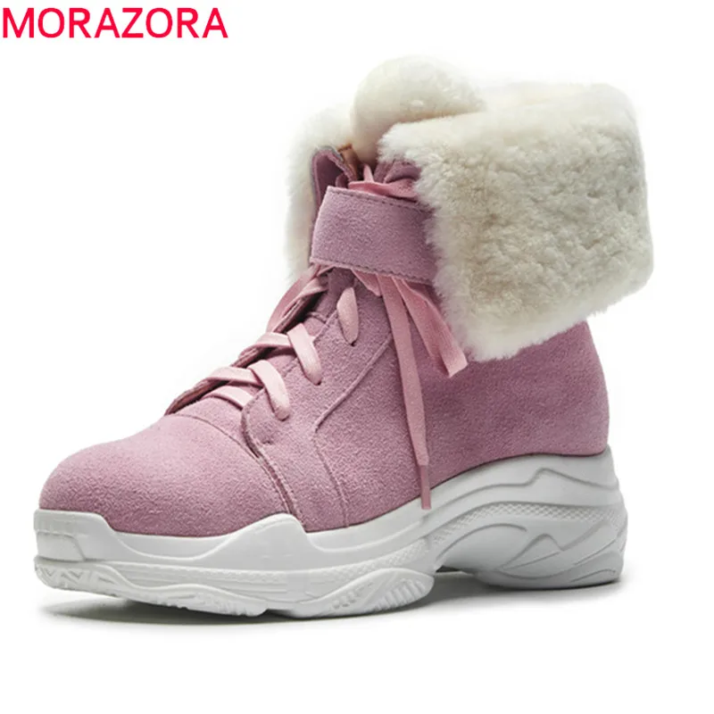 

MORAZORA 2020 hot sale ankle boots for women cow suede leather winter boots round toe lace up platform shoes ladies snow boots