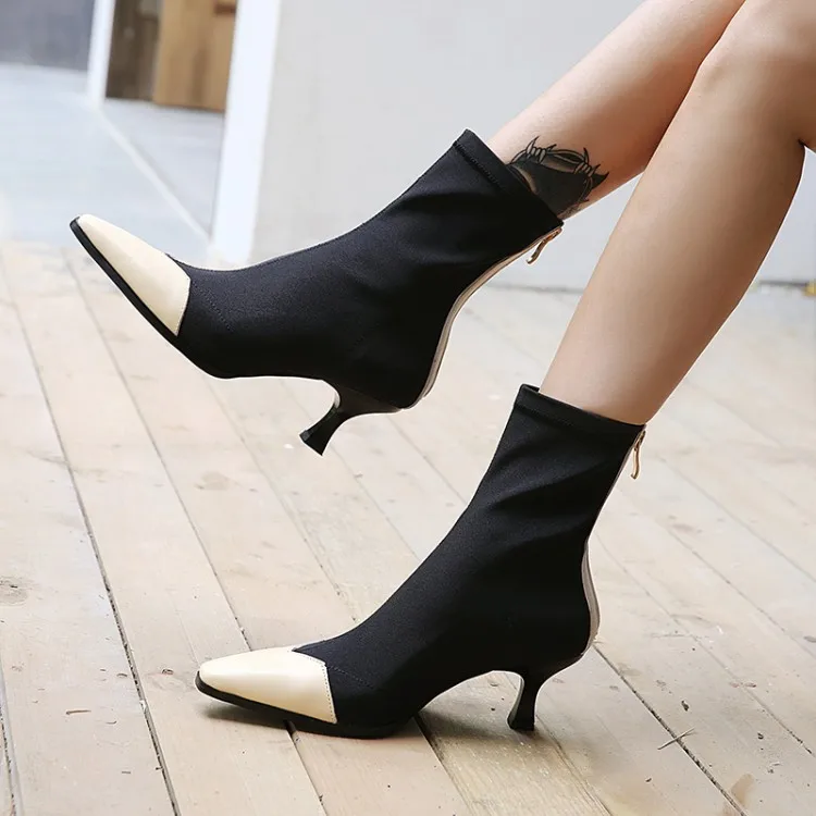 

Big Size 9 10 11 12 Small square-headed color-matched zipper boots with fine heels