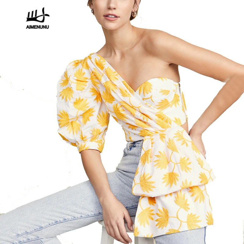 

AIMENUNU Women Off Shoulder Irregular Shirts Blouse Print Puff Half Sleeve Crop Top Female 2019 Sexy Casual Fashion Tide Summer