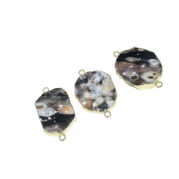 

Natural stone gem charm connector women necklace flat agates slice gold plating jewelry large charm stones pendant random female