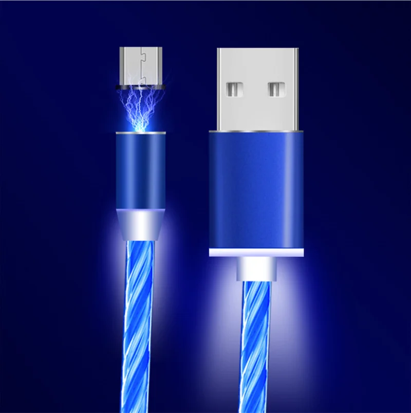 Плавный свет Магнитный usb кабель для зарядки Micro usb кабель и usb type C кабель светодиодный светящийся магнит зарядное устройство для iPhone X 8 7 шнур для телефона - Цвет: Синий