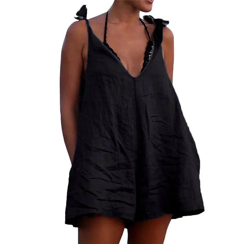 New Women Summer Casual Bow V Neck Sleeveless Loose Short Rompers Playsuits Beach Holiday Elegant Lady Fashion jumpsuit #4R06  (5)