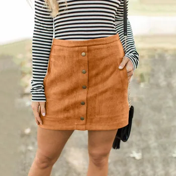 

2019 Spring Women Leather Suede Button Bandage High Waist Party Pencil Short Mini Skirt Ladies Vintage Brief Solid Daily Skirts