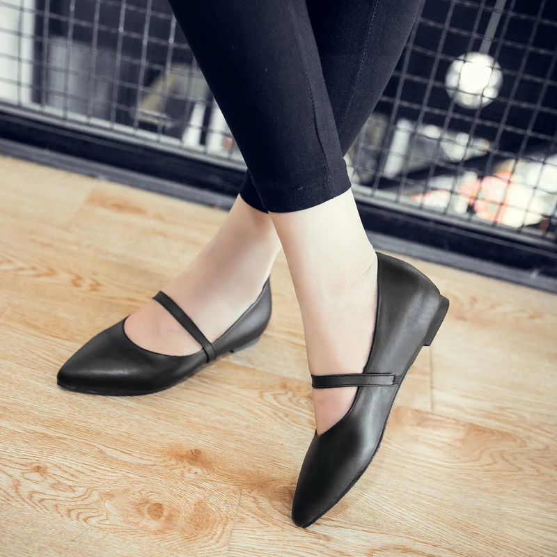 

Elegant Women Flats Shoes Mary Janes Pointed Toe Leather Women Casual Flat Shoes Solid Color Spring Summer Large Size 34-43
