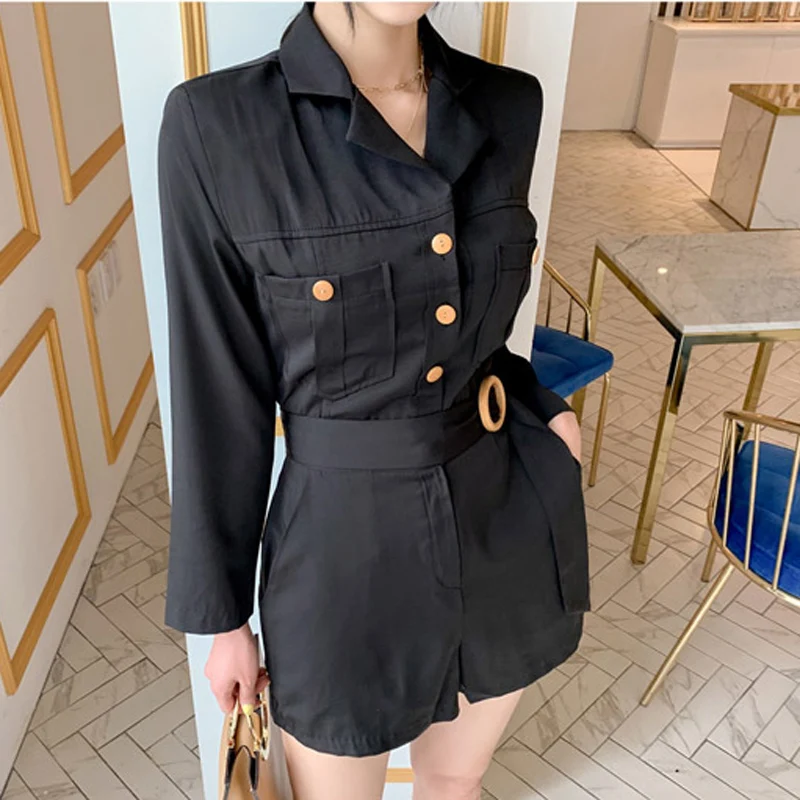 

Vintage Turn-down Collar Short Sleeve Women Playsuit Slim Waist Sashes Summer Jumpsuit Romper Front Buttons Ladies Overalls 2019