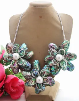 

N092208 Stunning! Paua Abalone Shell Flower Statement Necklace