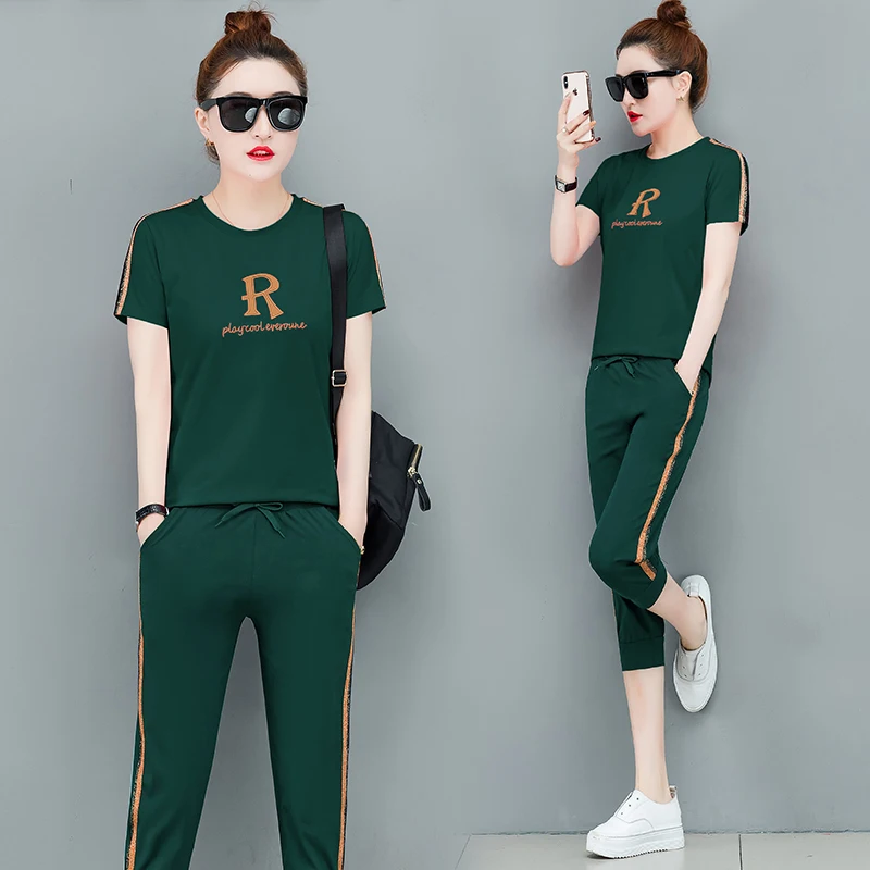 

Woman Two Piece Outfit Set Plus Size Big Pants and Top Tracksuits for Women Sportswear Co-ord Set 2019 Summer Green Clothes