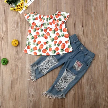 

Pudcoco Summer Newest Fashion Toddler Baby Girl Clothes Off Shoulder Fruits Print Ruffle Tops Ripped Jeans 2Pcs Outfits Clothes